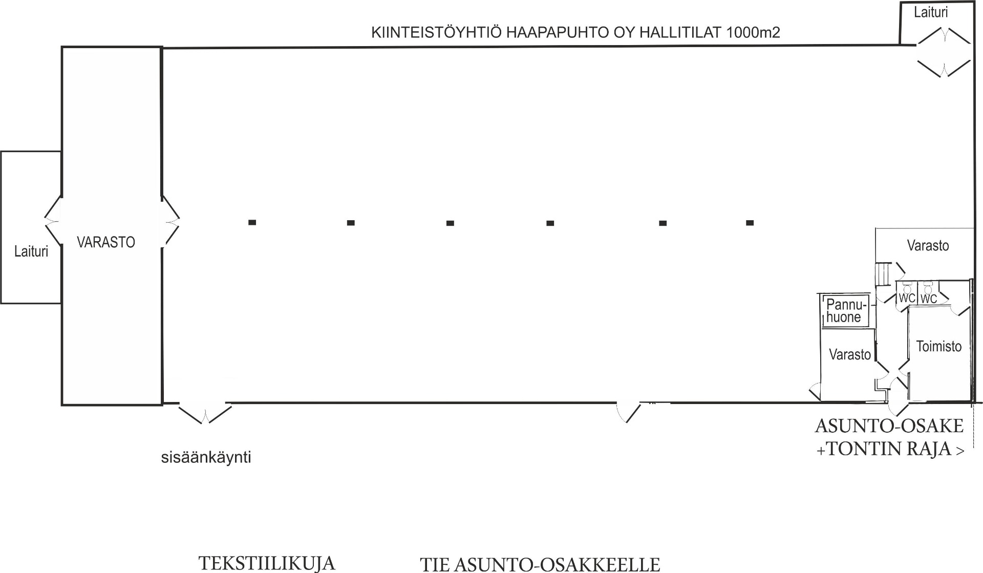 Tilat käsittävät 900m2 lämmintä hallitilaa, varastohuoneita, toimiston ja 2 wc:tä. 